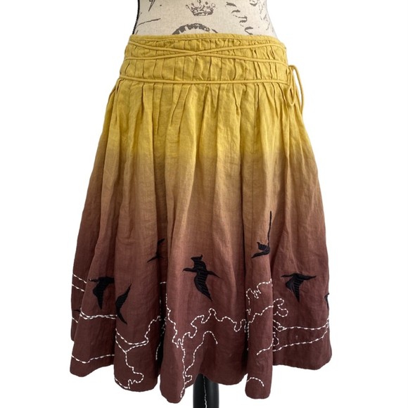 Anthropologie Dresses & Skirts - Anthropologie Lithe 100% Linen Embroidered Birds Flare Ombre Skirt  Size 6